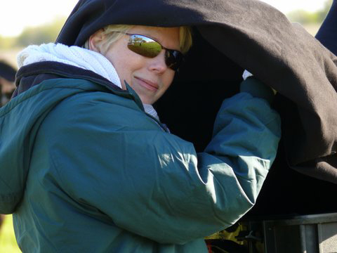 Cindy Meehl under monitor tent