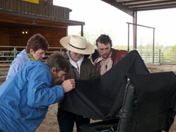 Guy Mossman, DP, watching the monitor, with Cindy Meehl, Andrea Meditch, Derrick